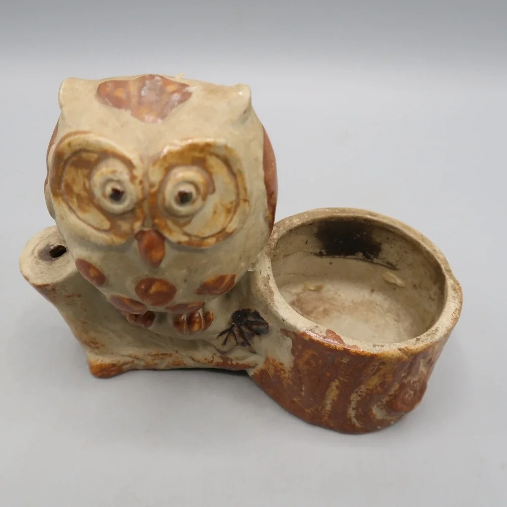 Vintage Bird Owl Sitting on Log Candle Holder Brown Ceramic by Counterpoint